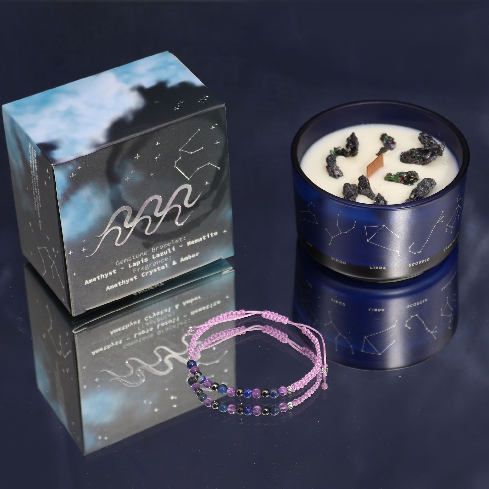 * Bougie Cristal Zodiaque avec Bracelet en Pierres Précieuses – Verseau