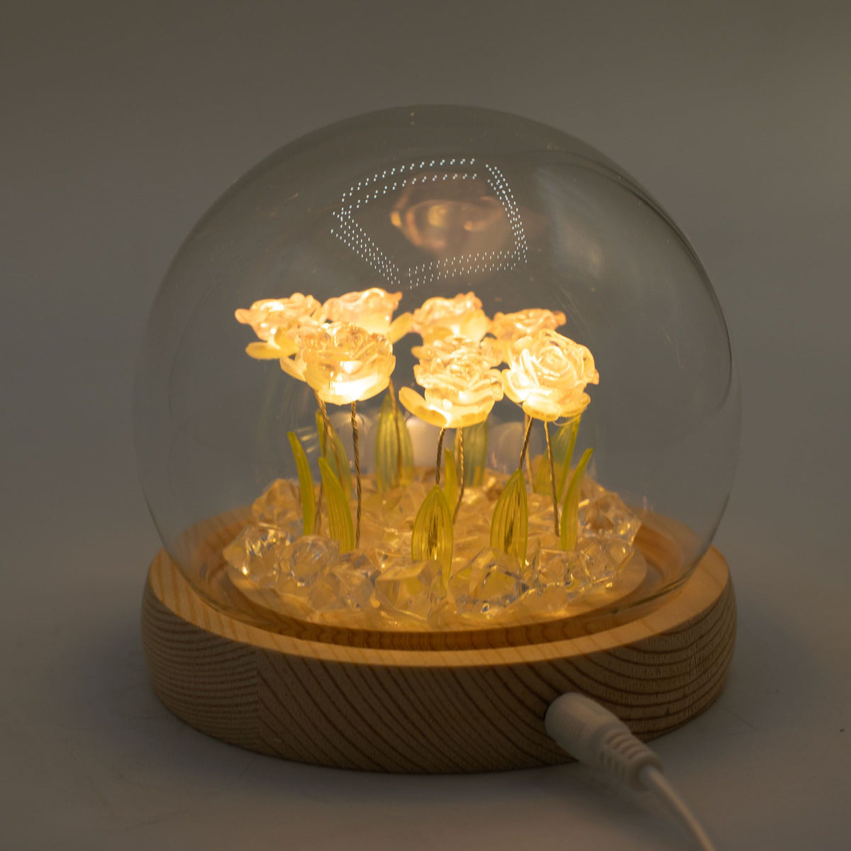 * Dôme floral lumineux – 10 roses roses, LED USB