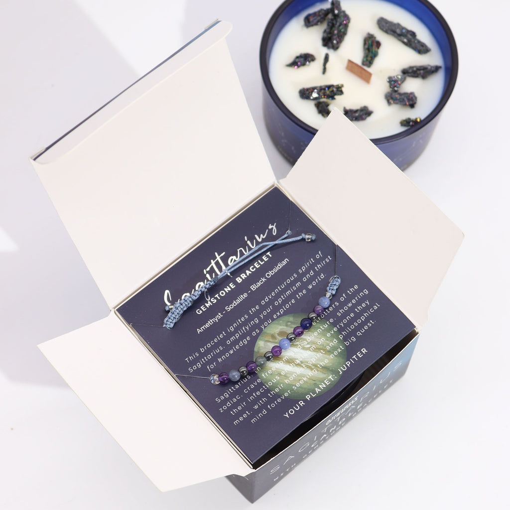 * Bougie Cristal Zodiaque avec Bracelet en Pierres Précieuses – Sagittaire
