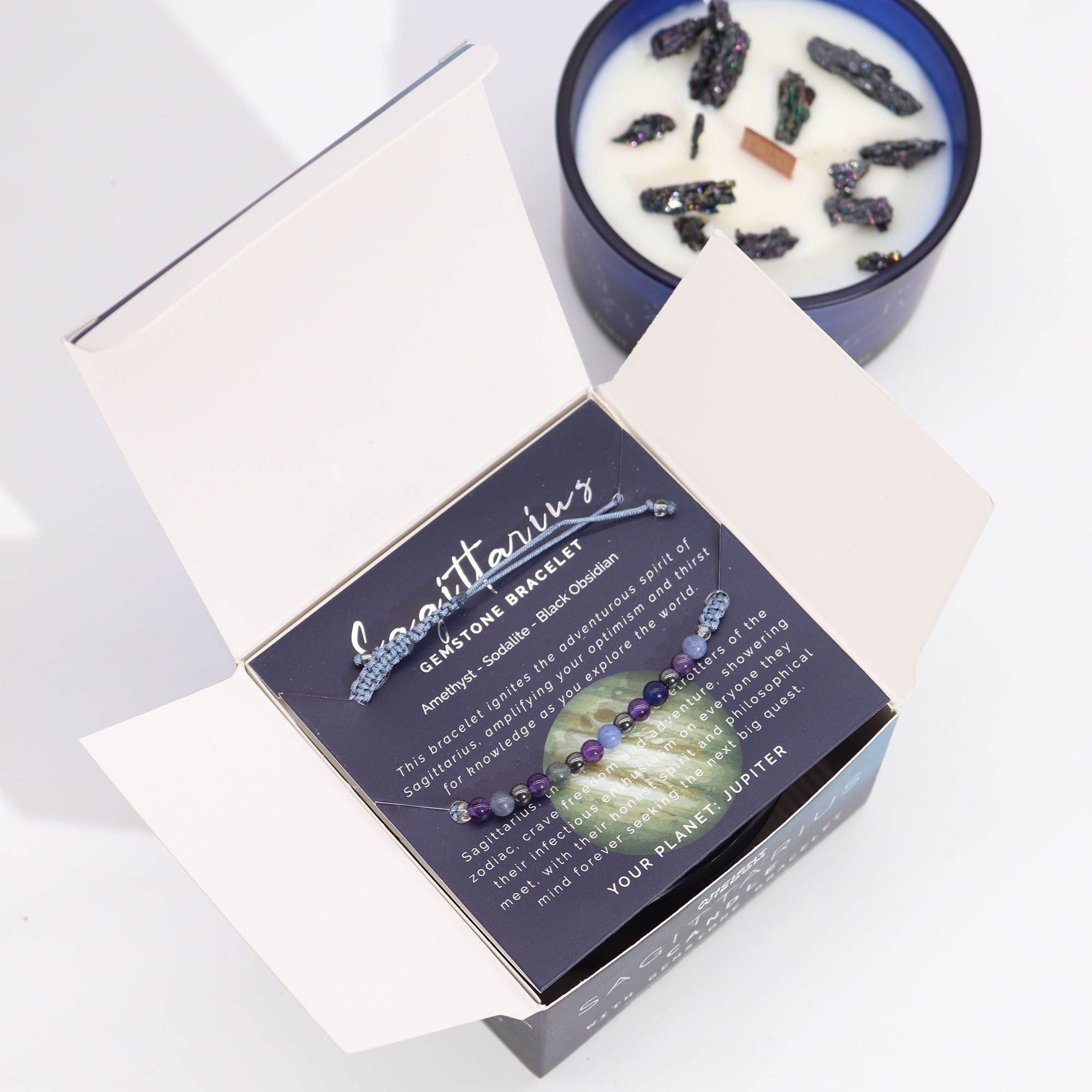 * Bougie Cristal Zodiaque avec Bracelet en Pierres Précieuses – Sagittaire