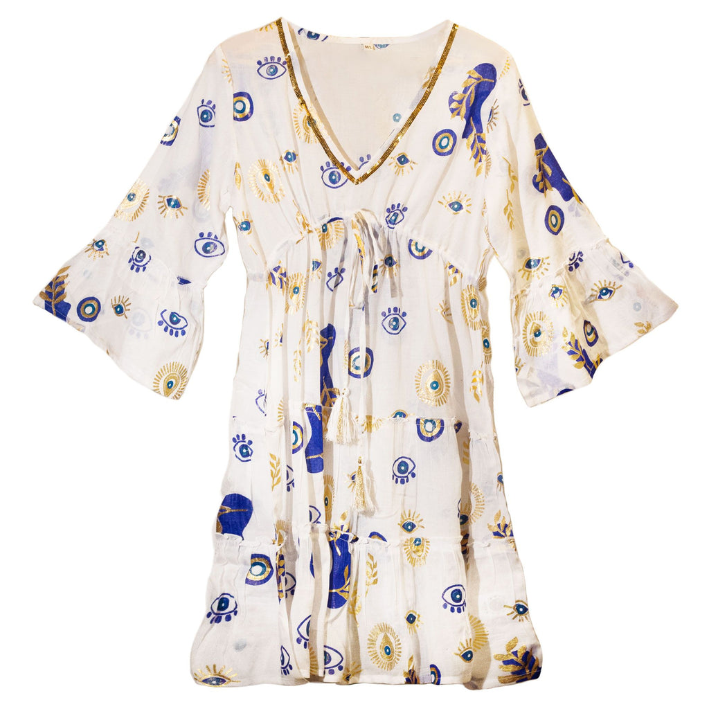Robe Femme Mauvais Œil Blanc, Bleu & Or – Col V Doré & Jupe À Volants | Collection Nomad Sari Méditerranée (M/L)