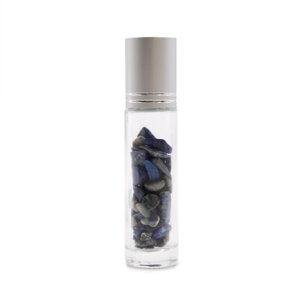 * Flacon roll-on pour huiles essentielles en sodalite – 5 ml, bouchon argenté et bille en sodalite