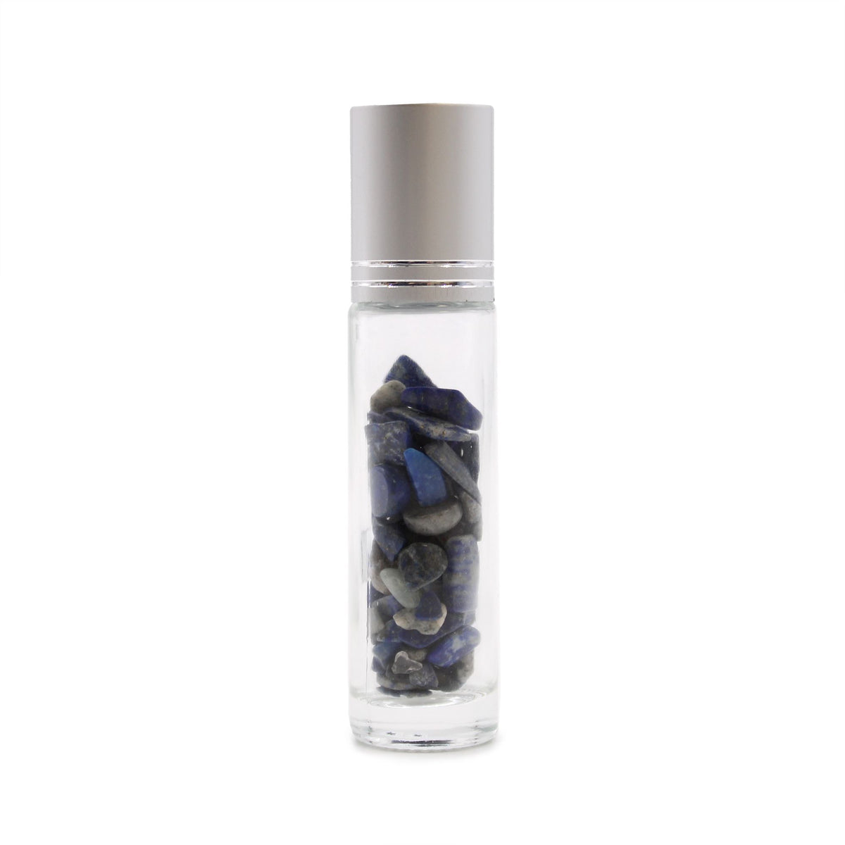 * Flacon roll-on pour huiles essentielles en sodalite – 5 ml, bouchon argenté et bille en sodalite