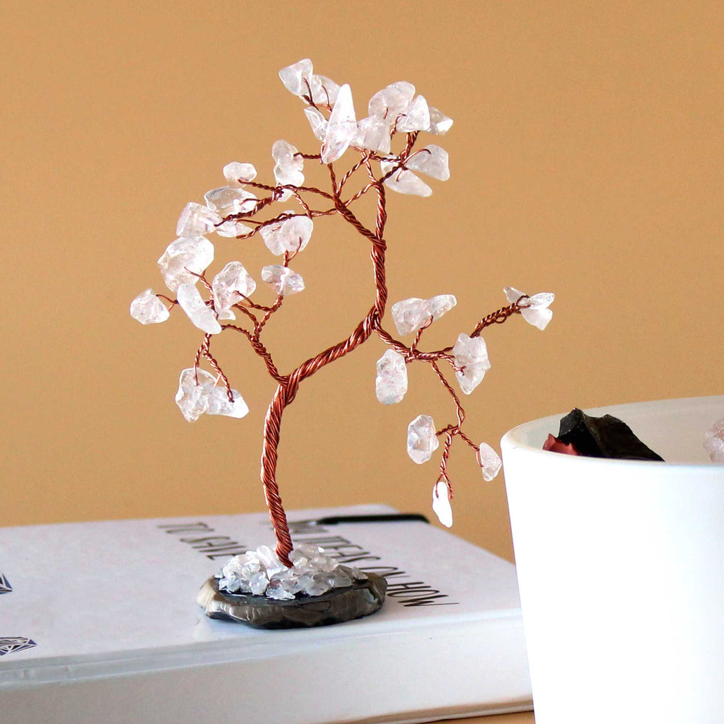 * Arbre en cristal de roche sur socle en agate noire – 35 pierres