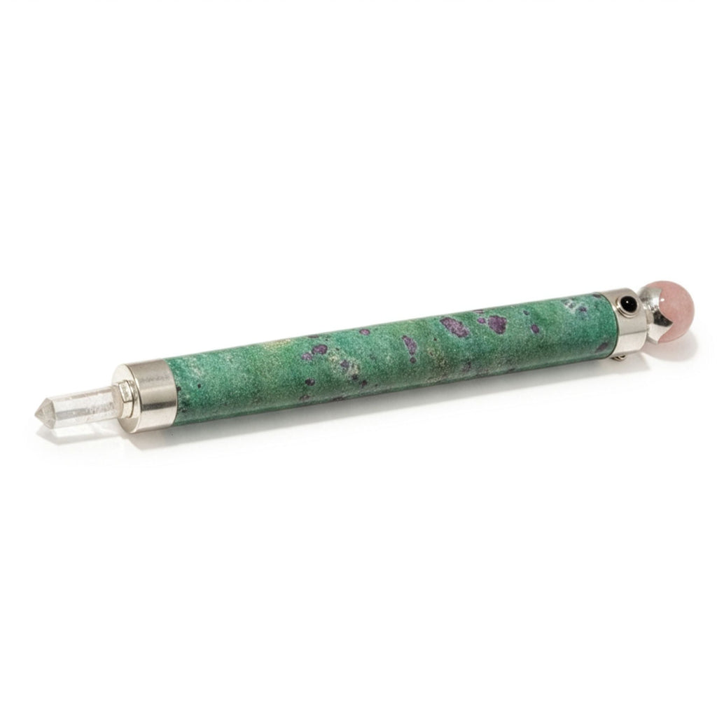 * Baguette Cœur verdoyant en rubis sur fuchsite – Boule en quartz rose, 23 cm
