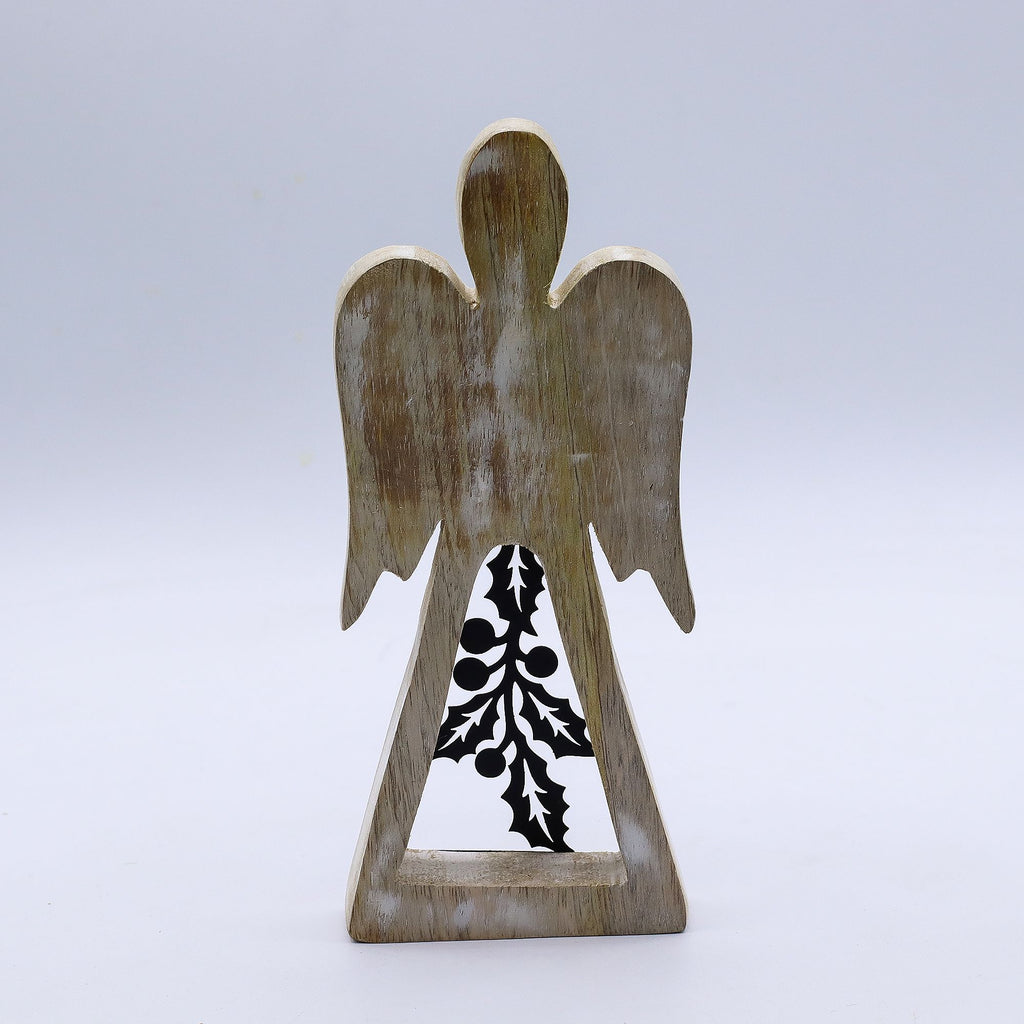 * Ange en bois de manguier – Finition blanchie et décor de houx ajouré en fer