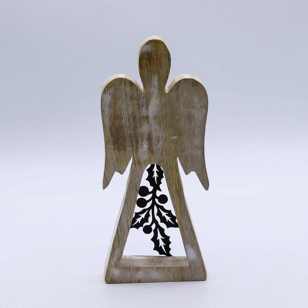 * Ange en bois de manguier – Finition blanchie et décor de houx ajouré en fer
