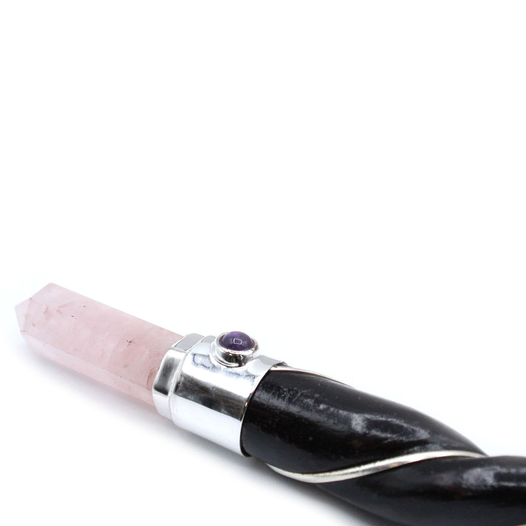 Baguette torsadée argentée avec sphère en quartz rose