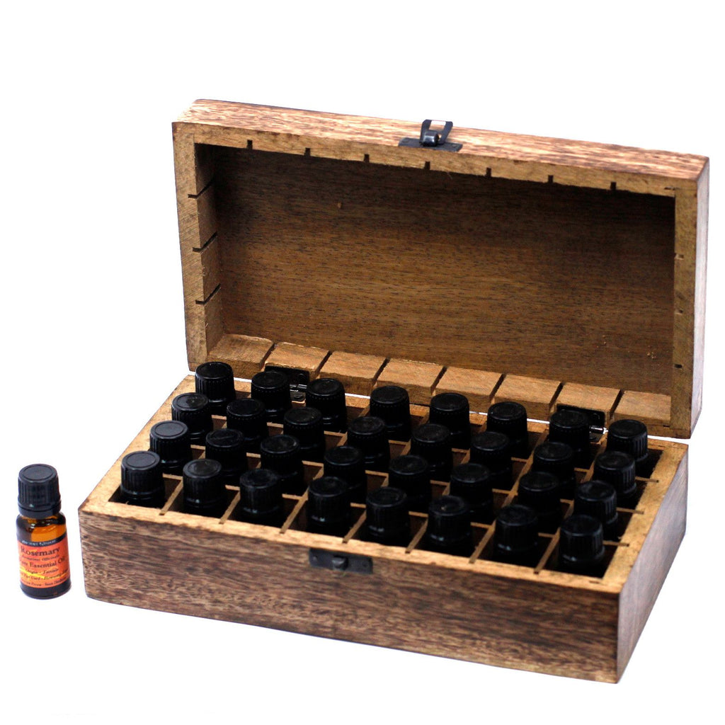 * Coffret d’aromathérapie en bois de manguier – Motifs floraux – 32 flacons