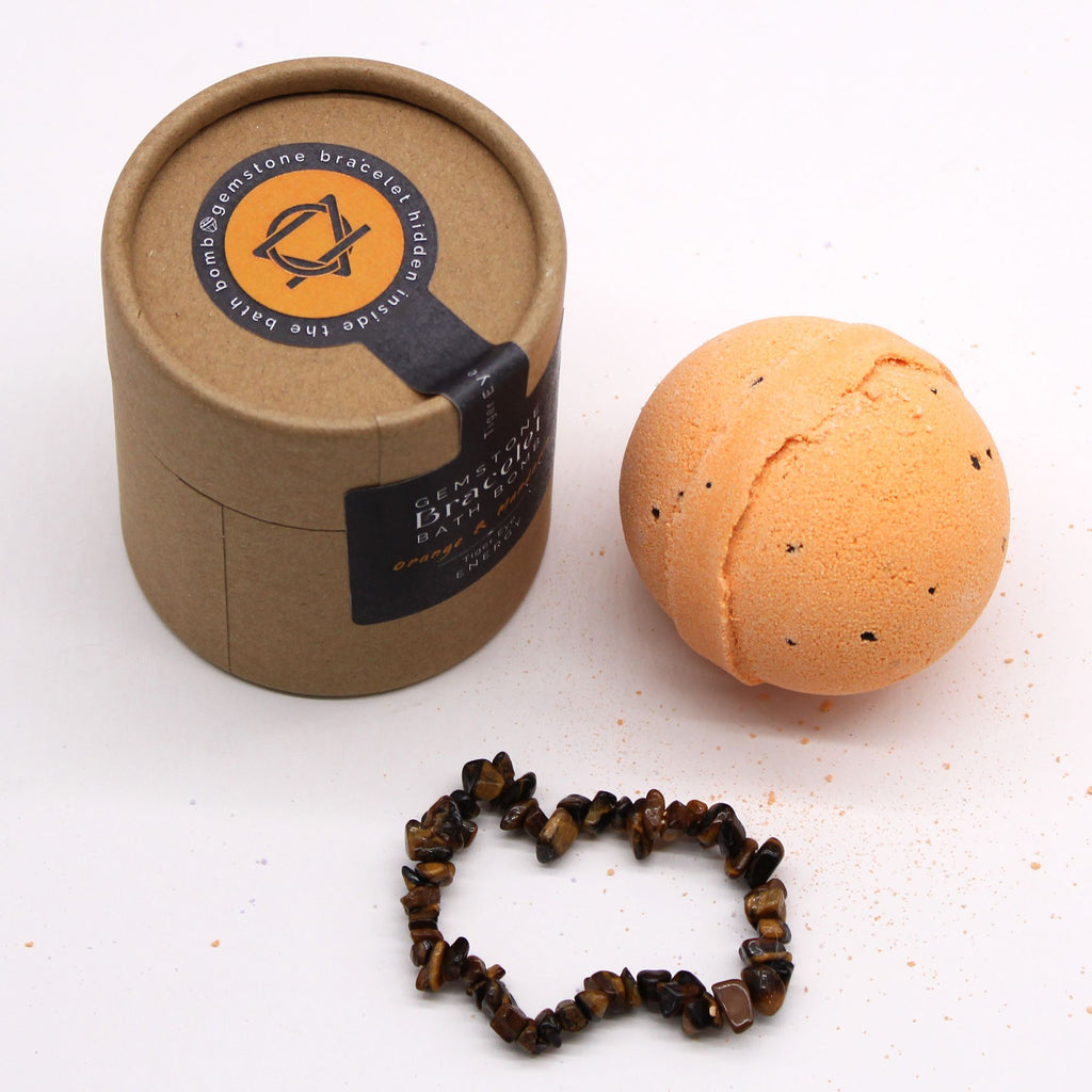 * Bombe de bain avec bracelet en œil de tigre – Orange, mandarine et sel marin