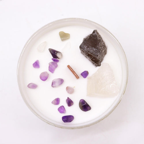 * Bougie Cristal Chakra Couronne – Célestite & Sélénite