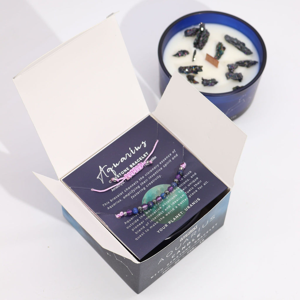 * Bougie Cristal Zodiaque avec Bracelet en Pierres Précieuses – Verseau