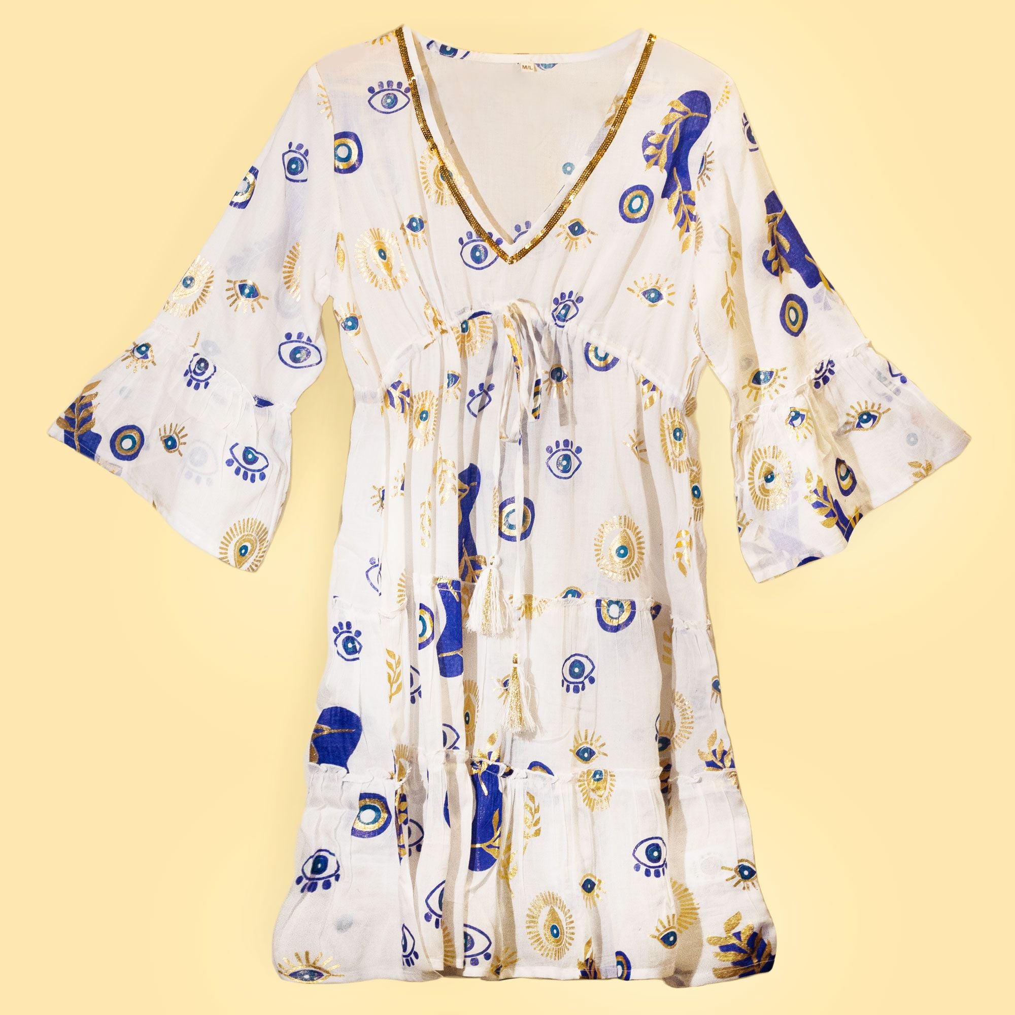Robe Femme Œil Mauvais Œil Blanc, Bleu & Or – Collection Nomad Sari Méditerranée (L/XL)