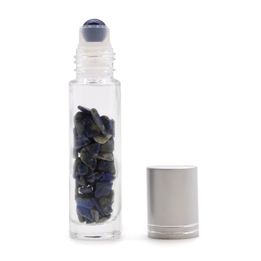 * Flacon roll-on pour huiles essentielles en sodalite – 5 ml, bouchon argenté et bille en sodalite
