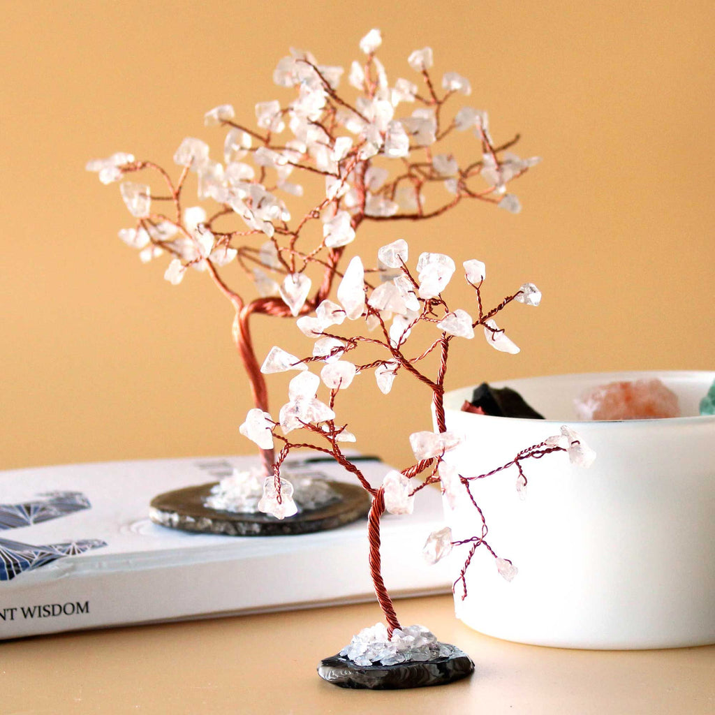 * Arbre en cristal de roche sur socle en agate noire – 35 pierres