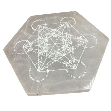 Plaque de rechargement hexagonale en sélénite « Direction et décision », 18 cm