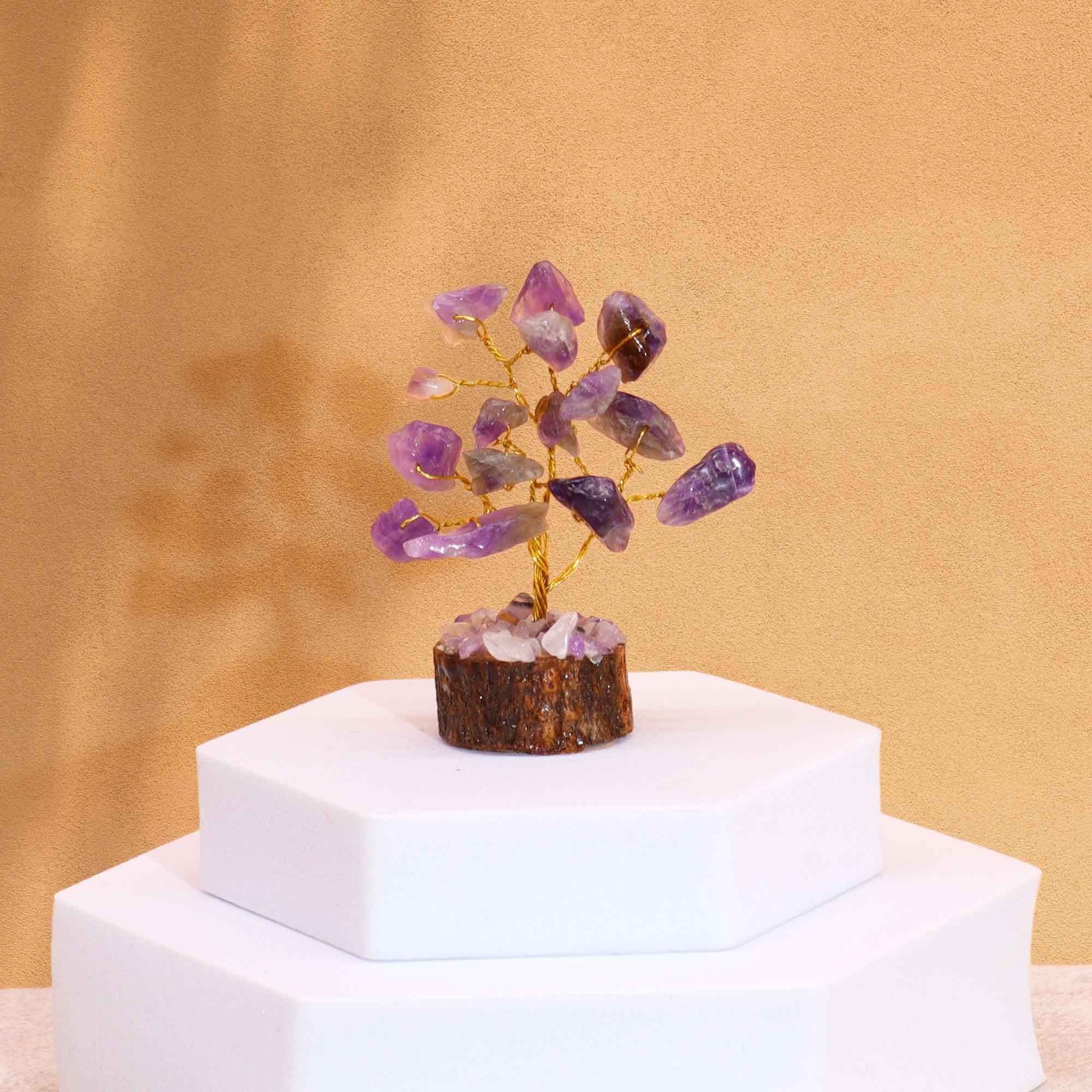 Mini Arbres en Pierres Précieuses sur Socle en Bois – Améthyste (15 pierres)