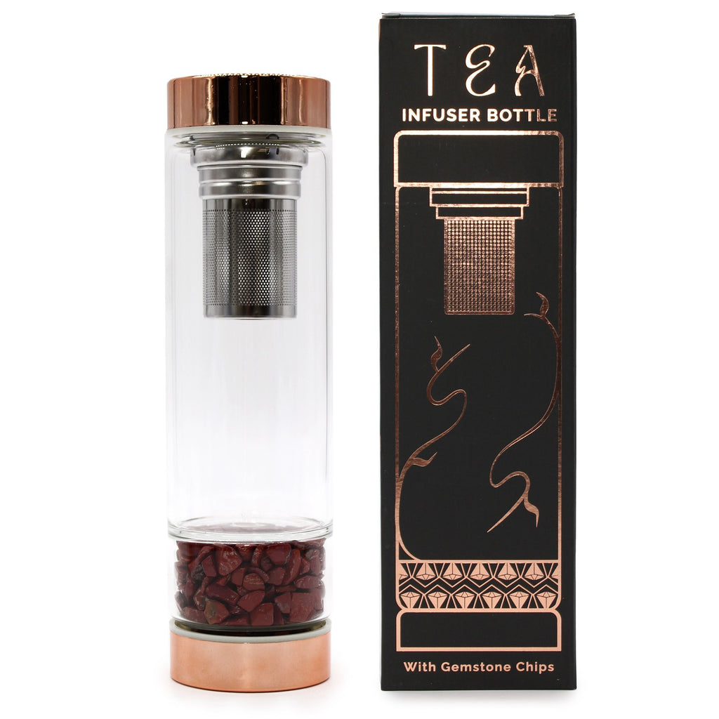 * Bouteille à thé en verre avec infuseur et jaspe rouge – Or rose – 500 ml
