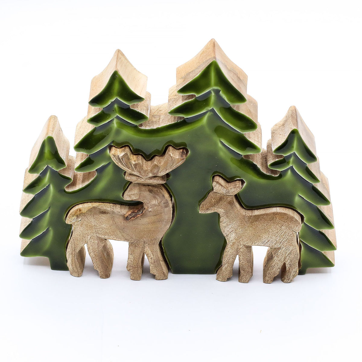 * Perdu dans la forêt – Décoration en bois 3D à deux cerfs – 18 × 23 cm