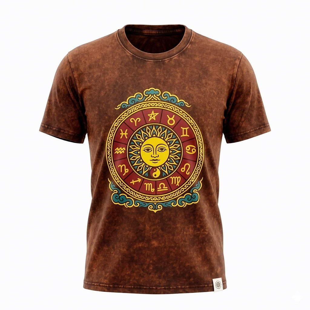 * T-Shirt en Coton Délavé Nomad Sari – Soleil & Zodiaque – Marron – M