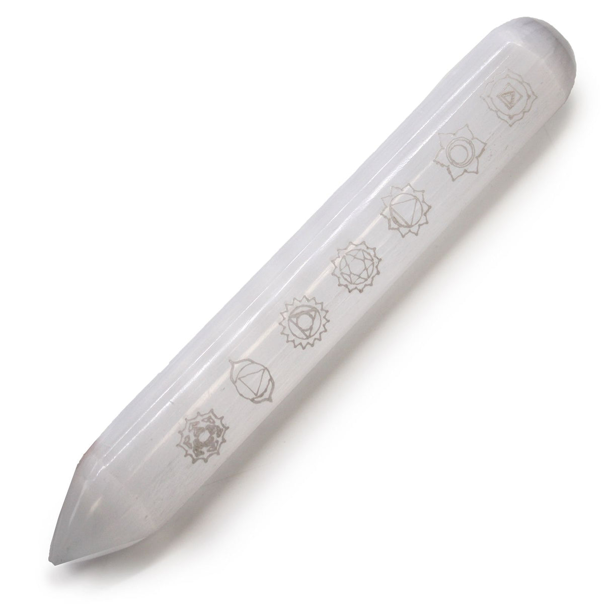 Baguette en sélénite à une extrémité pointue – 7 chakras – 14 à 16 cm