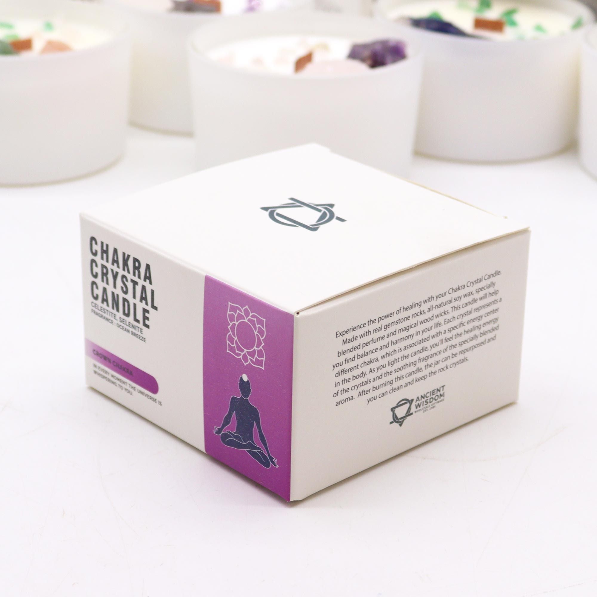 Bougie Cristal Chakra Couronne – Célestite & Sélénite