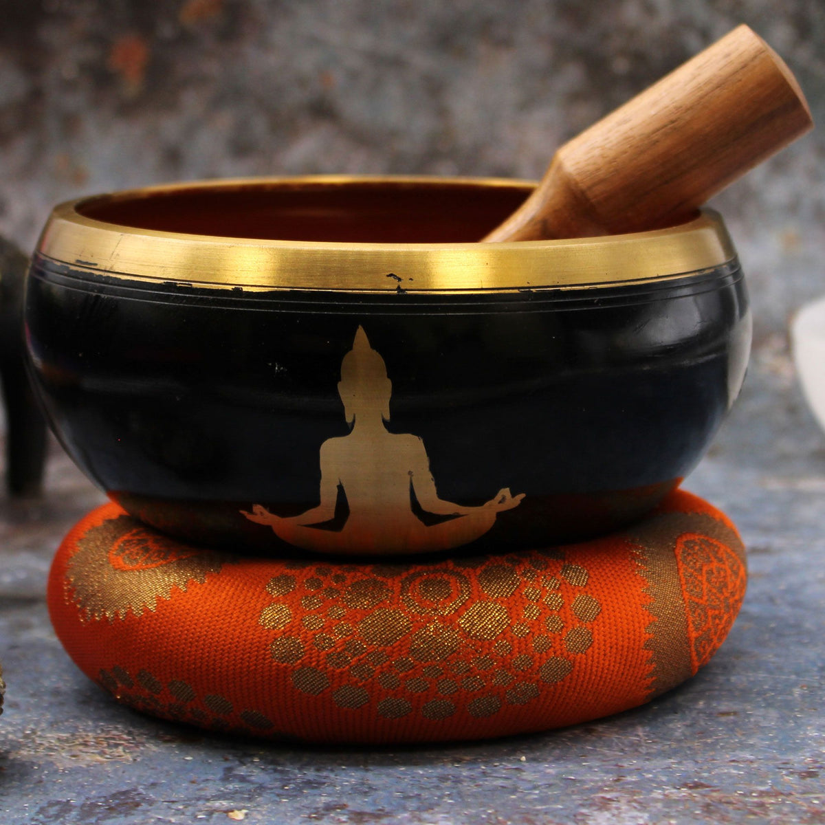 * Grand coffret de bol chantant Bouddha noir et orange, 14 cm