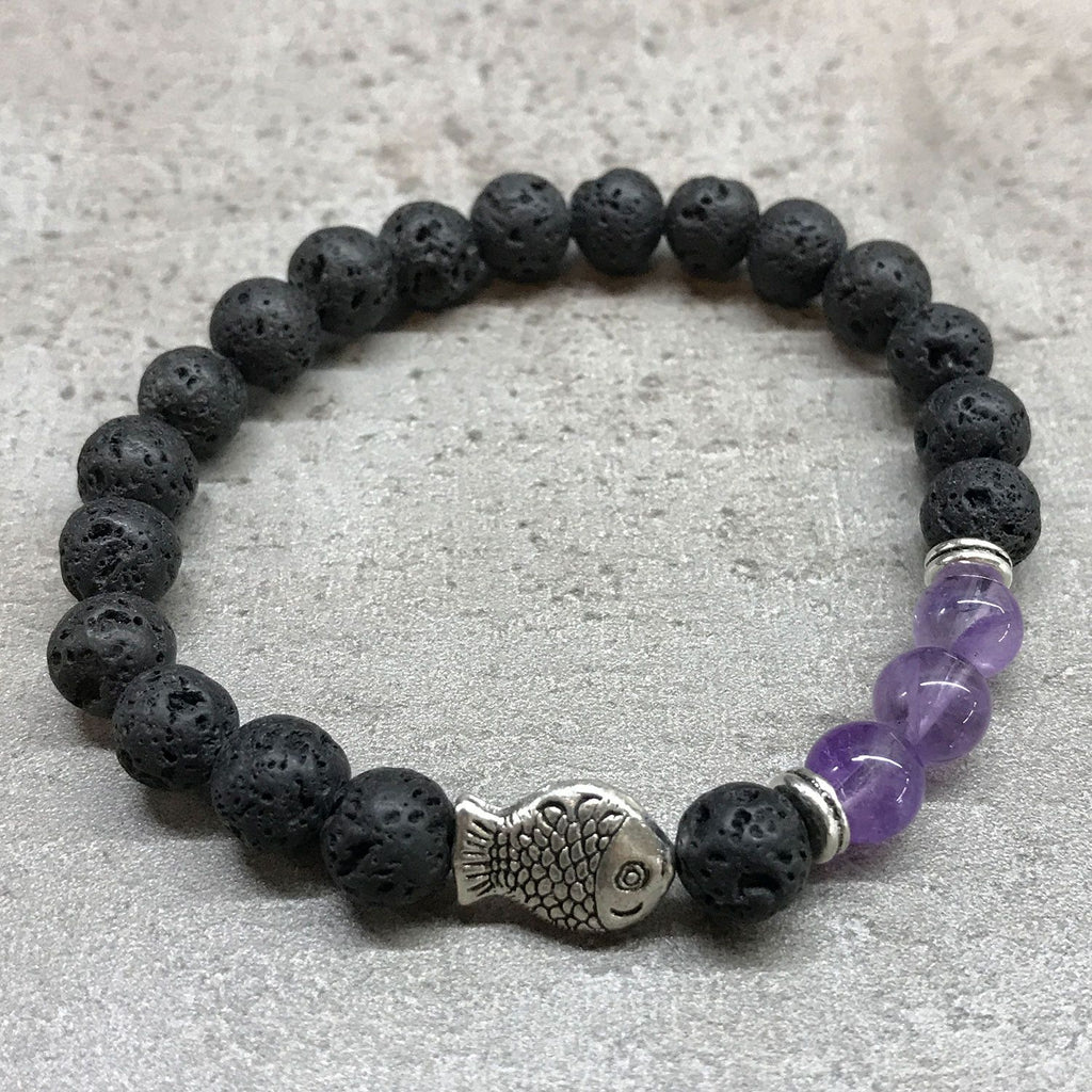 Bracelet en pierre de lave – poisson en améthyste