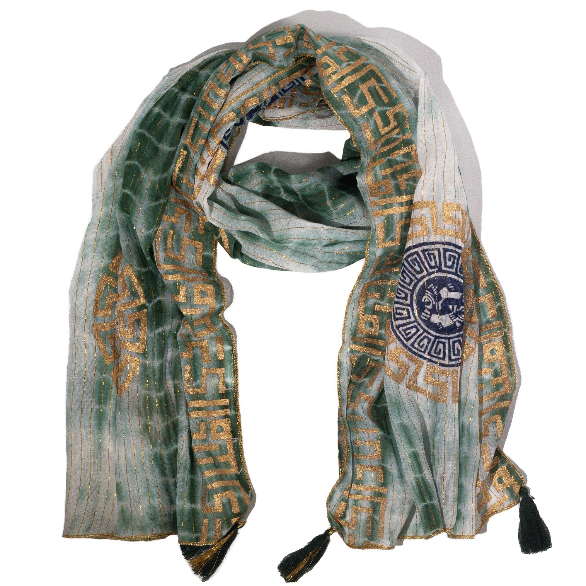 Foulard Femme Vert & Or Imprimé Marbella avec Franges – Collection Nomad Sari Summer (180x50cm)