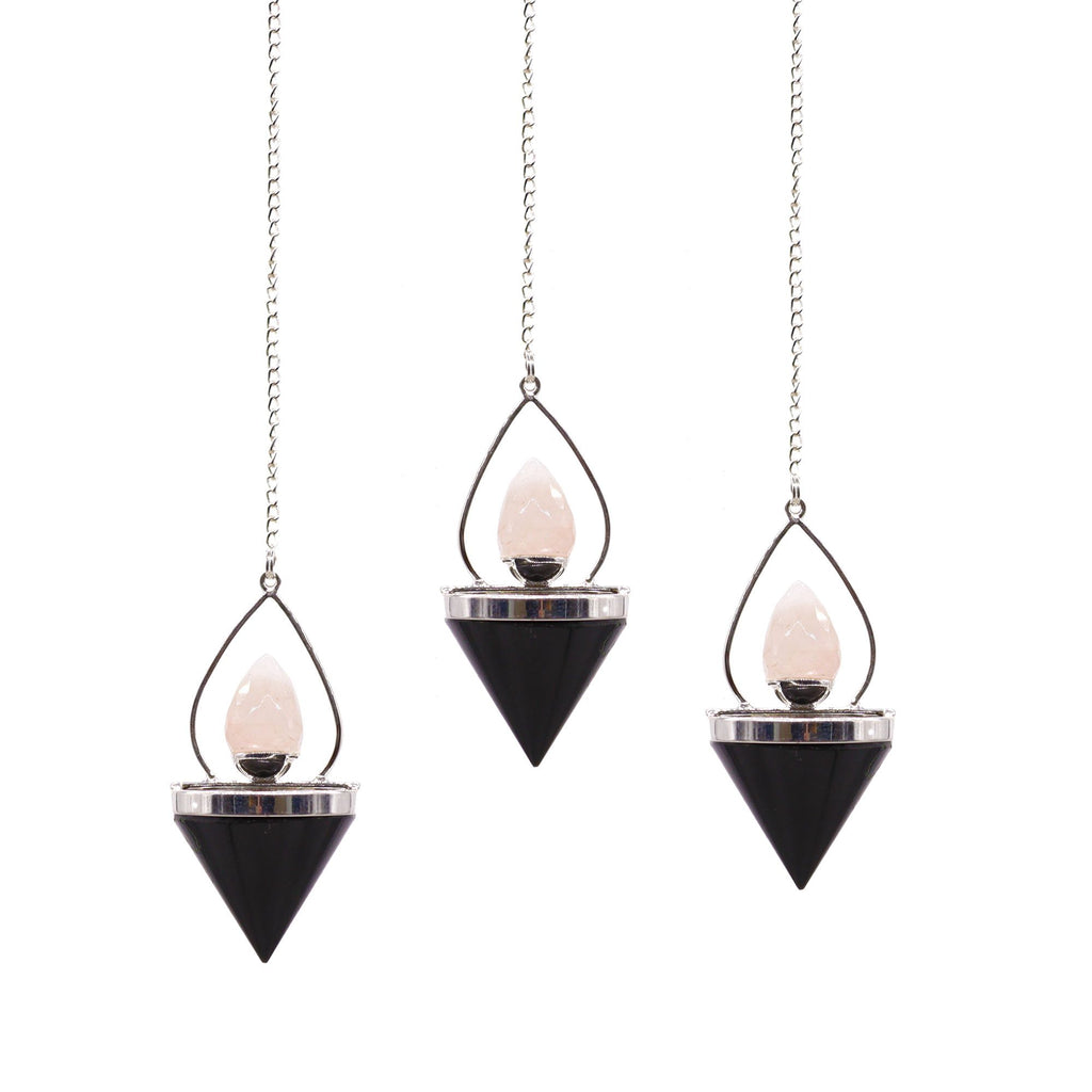 Pendule « Lanterne de vie » en agate noire et quartz rose