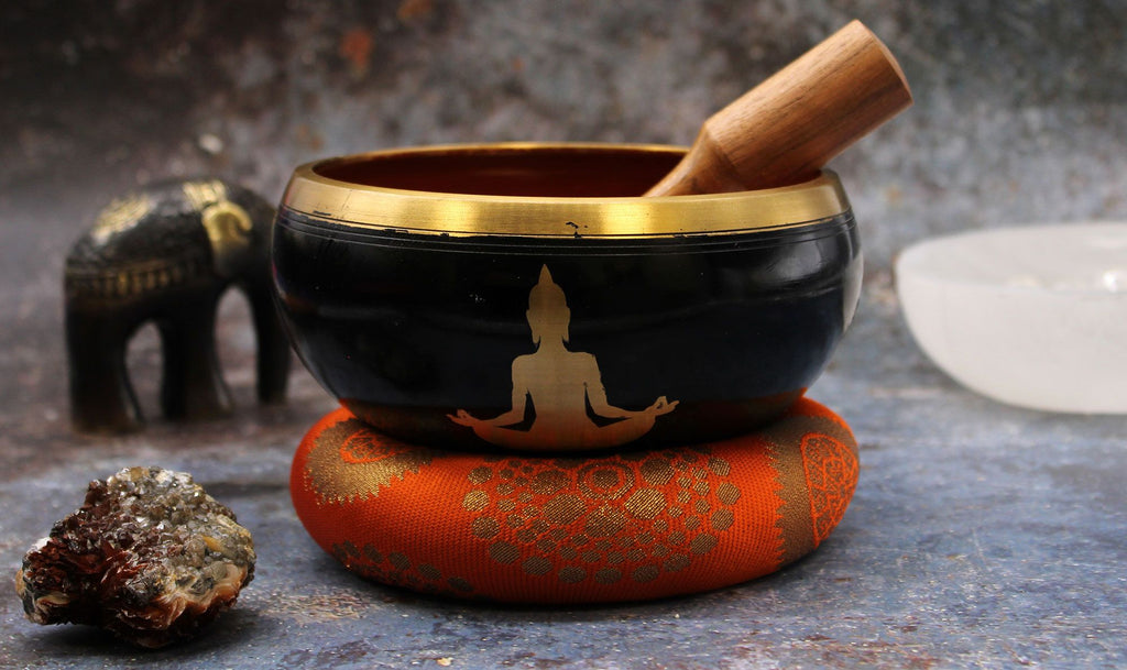 * Grand coffret de bol chantant Bouddha noir et orange, 14 cm