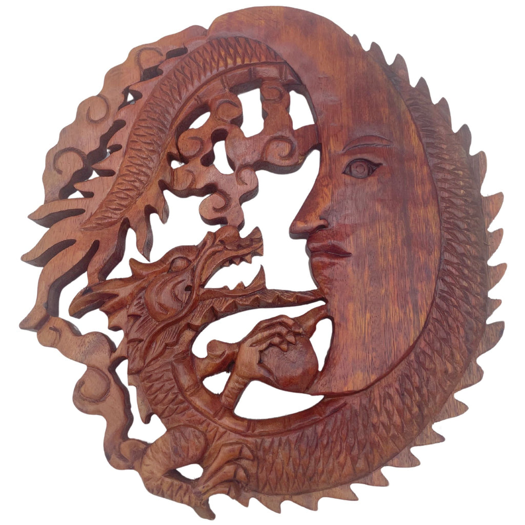 * Plaque sculptée Visage de Lune et Dragon, 30 cm