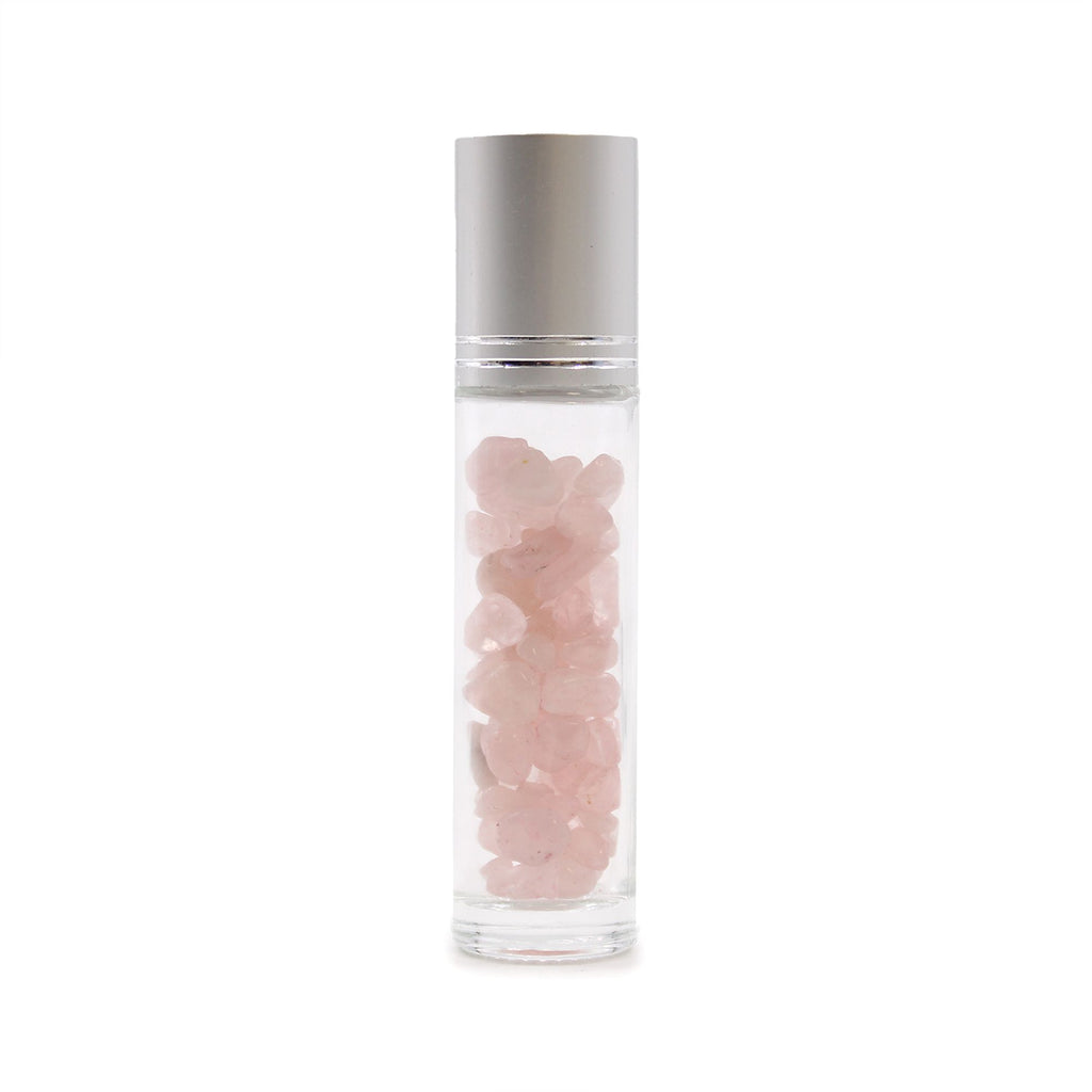 Flacon roll-on 5 ml pour huiles essentielles en quartz rose, capuchon argenté et bille en pierre