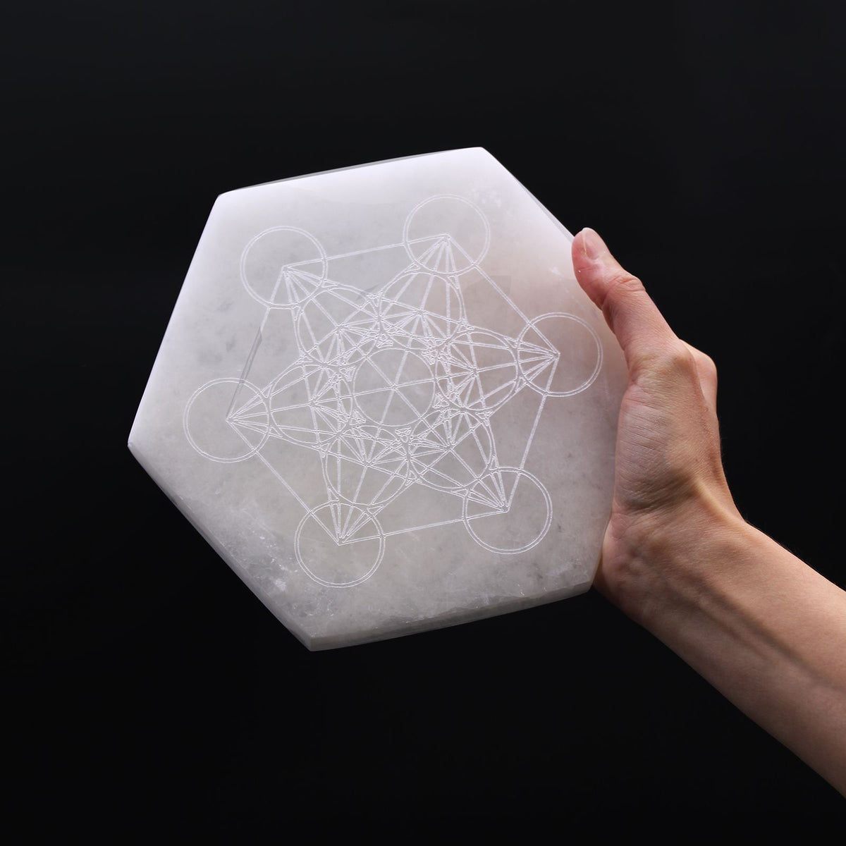 Plaque de rechargement hexagonale en sélénite « Direction et décision », 18 cm