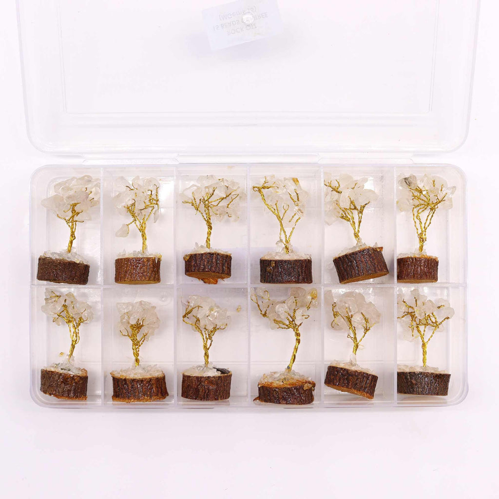 Mini Arbres en Pierres Précieuses sur Socle en Bois – Quartz Cristal de Roche (15 pierres)
