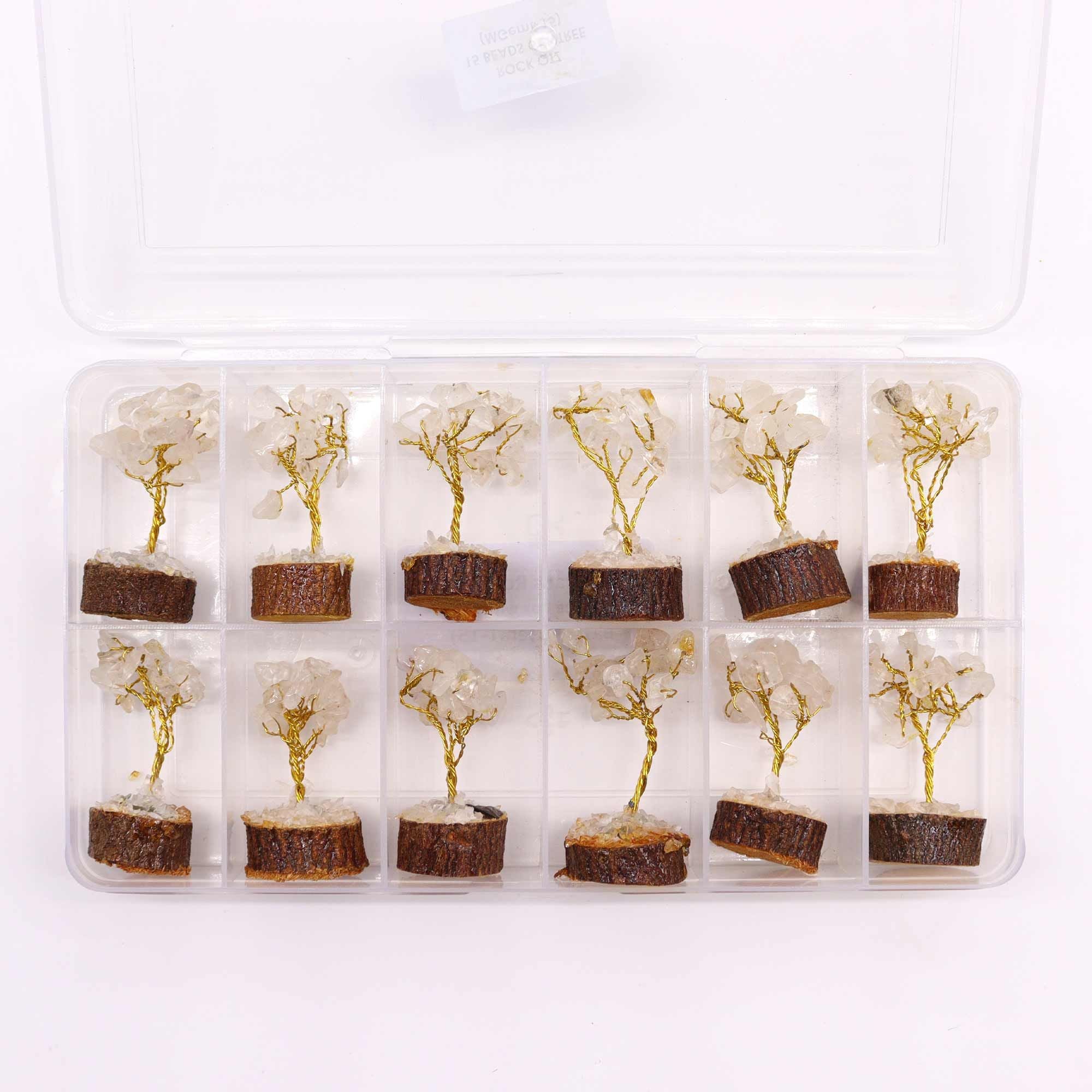 Mini Arbres en Pierres Précieuses sur Socle en Bois – Quartz Cristal de Roche (15 pierres)