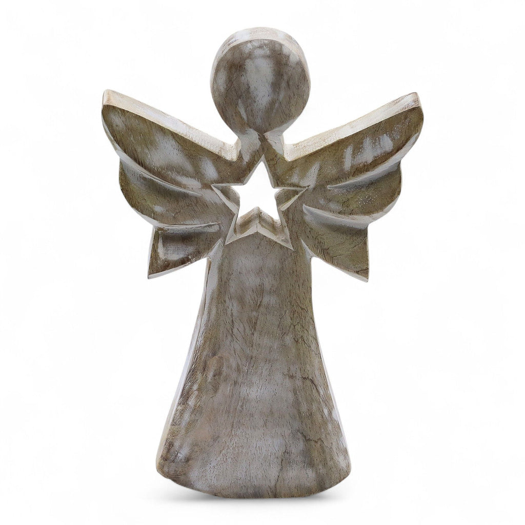 * Ange en bois de manguier – Finition blanchie avec étoile ajourée