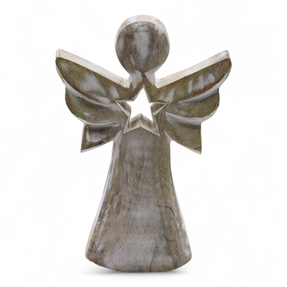 * Ange en bois de manguier – Finition blanchie avec étoile ajourée