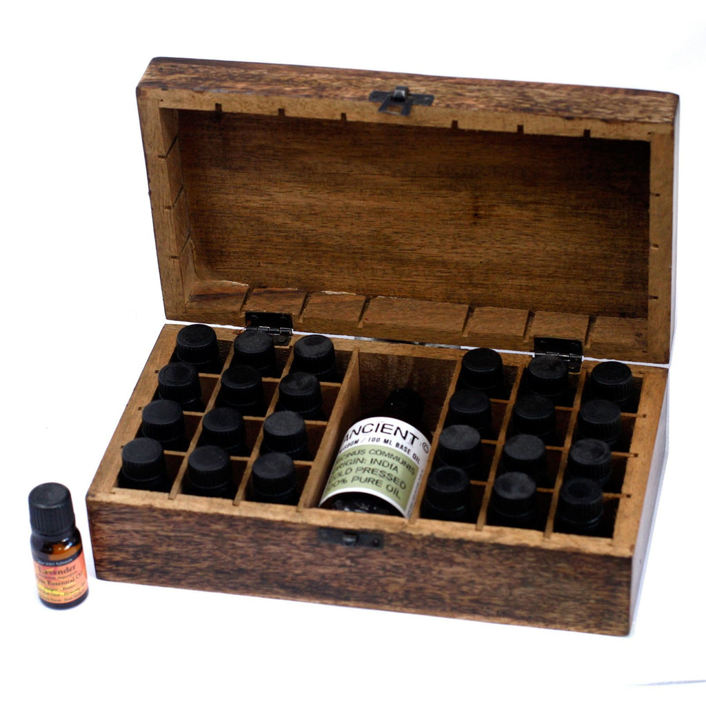 * Coffret d’aromathérapie en bois de manguier – Motifs floraux – 24 + 1 flacons
