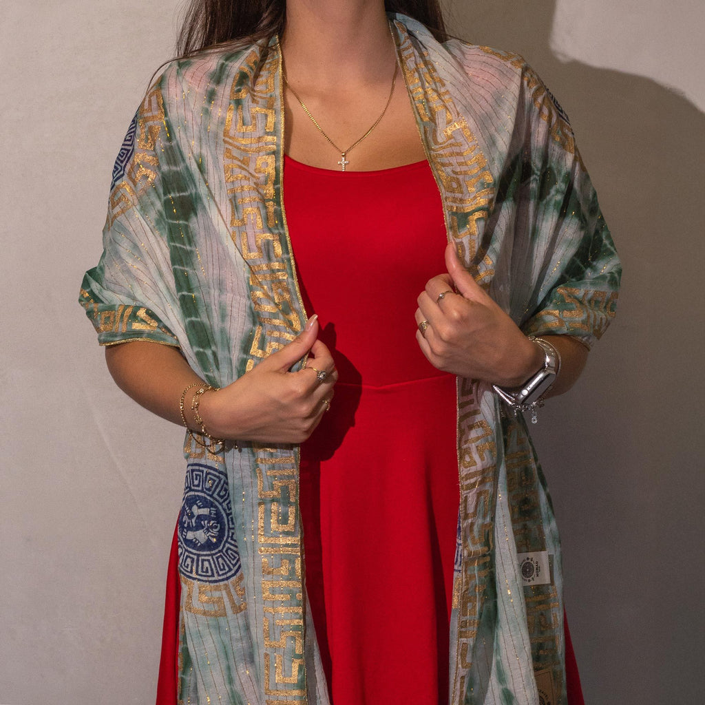 Foulard Femme Vert & Or Imprimé Marbella avec Franges – Collection Nomad Sari Summer (180x50cm)