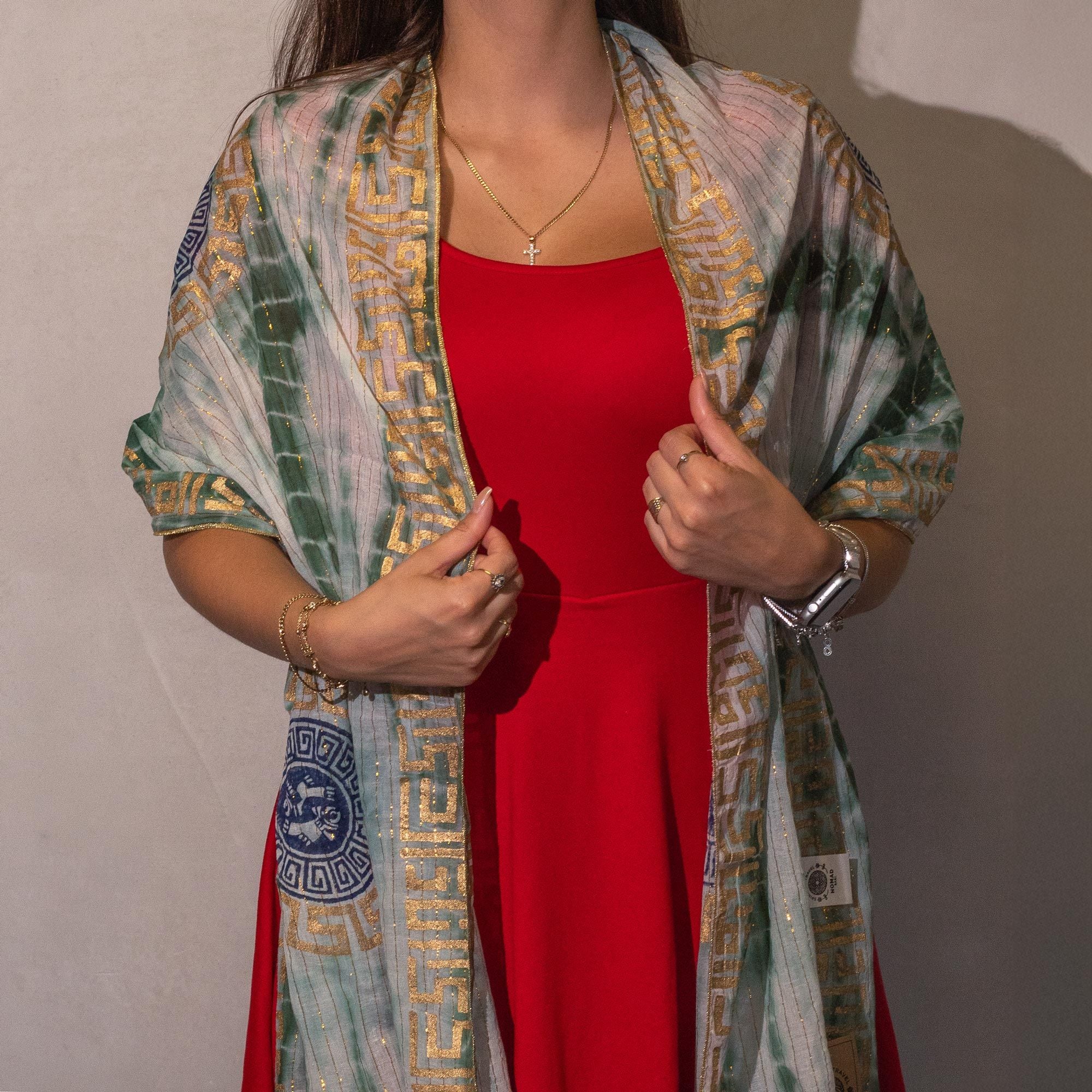 Foulard Femme Vert & Or Imprimé Marbella avec Franges – Collection Nomad Sari Summer (180x50cm)