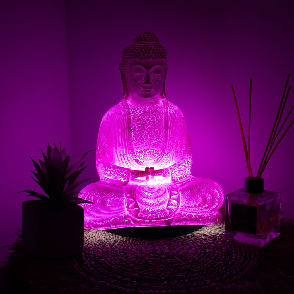 * Lampe Bouddha en méditation – Finition cerise craquelée et socle ovale