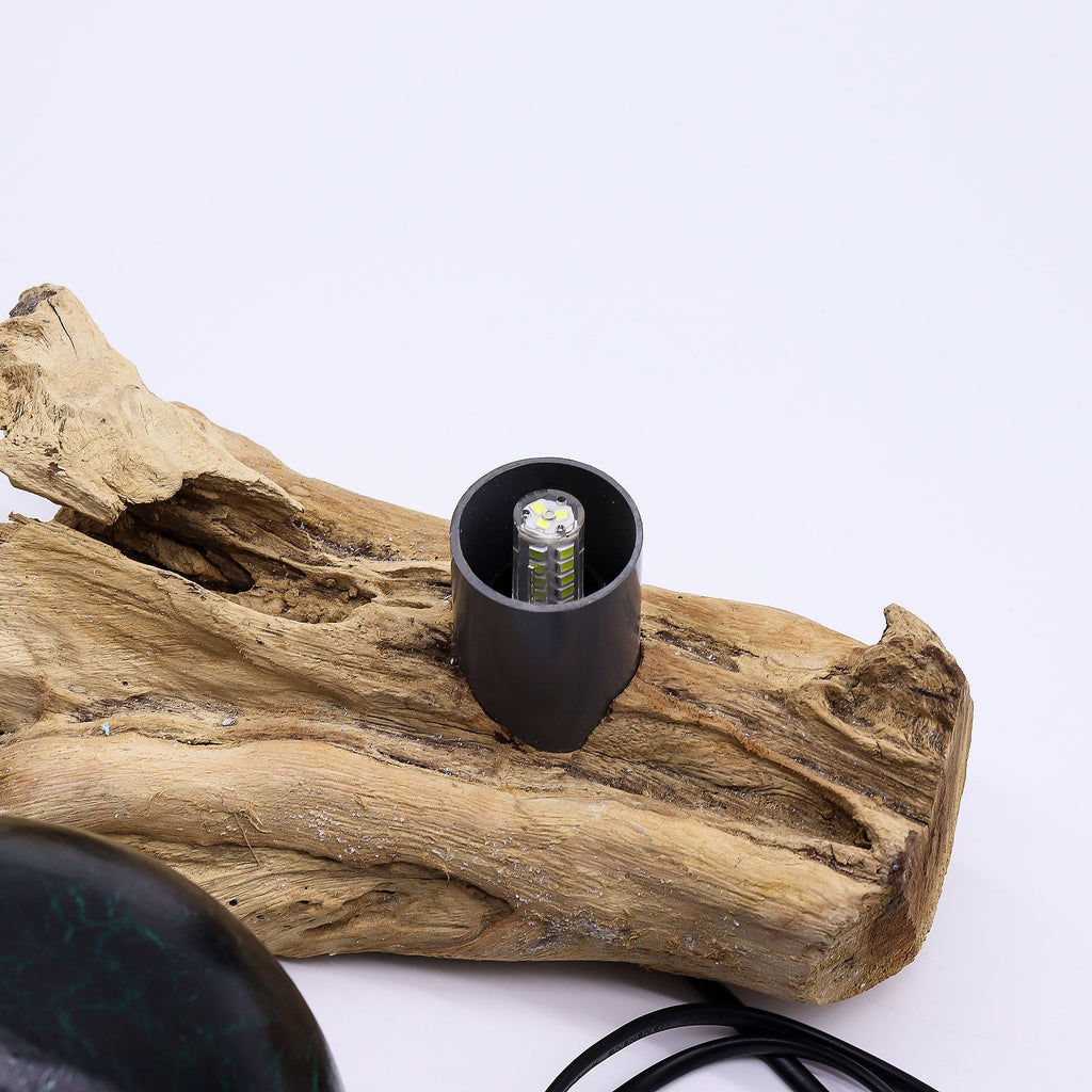 * Lampe DriftGlow en bois flotté, abat-jour craquelé vert émeraude