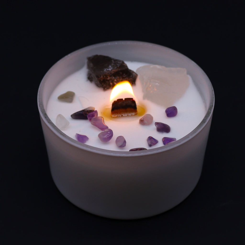 Bougie Cristal Chakra Couronne – Célestite & Sélénite