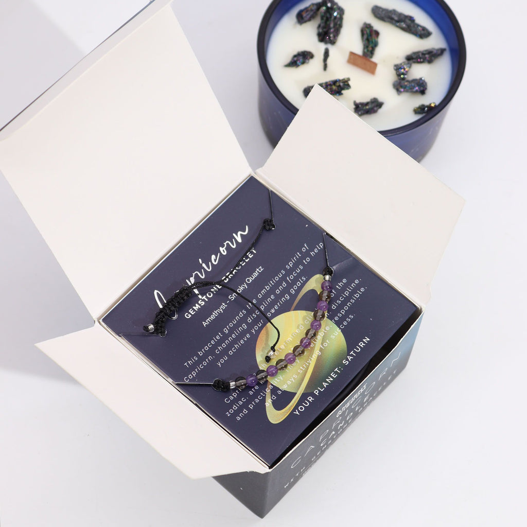 * Bougie Cristal Zodiaque avec Bracelet en Pierres Précieuses – Capricorne