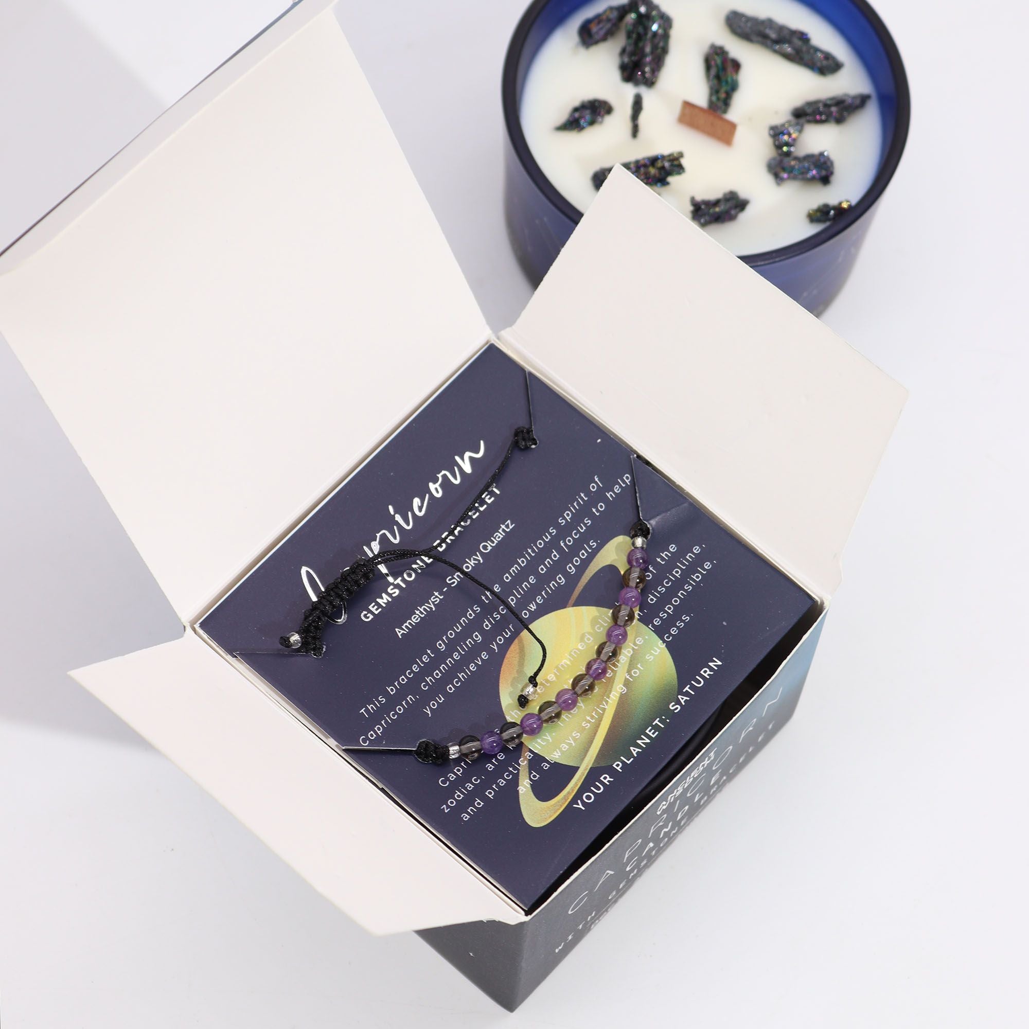* Bougie Cristal Zodiaque avec Bracelet en Pierres Précieuses – Capricorne