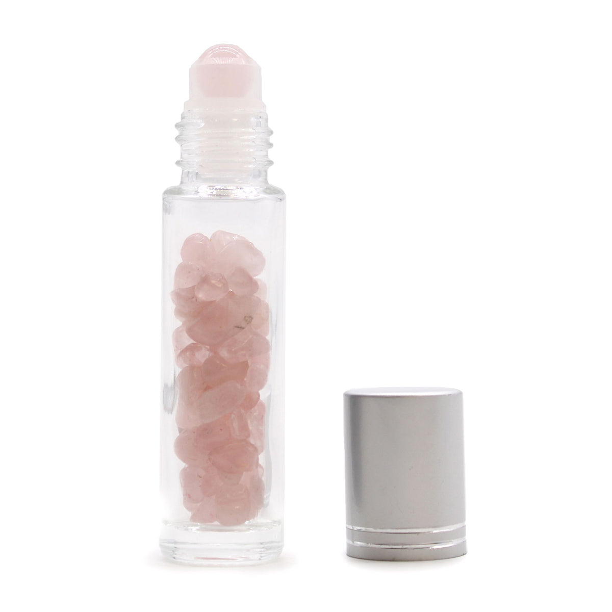 Flacon roll-on 5 ml pour huiles essentielles en quartz rose, capuchon argenté et bille en pierre
