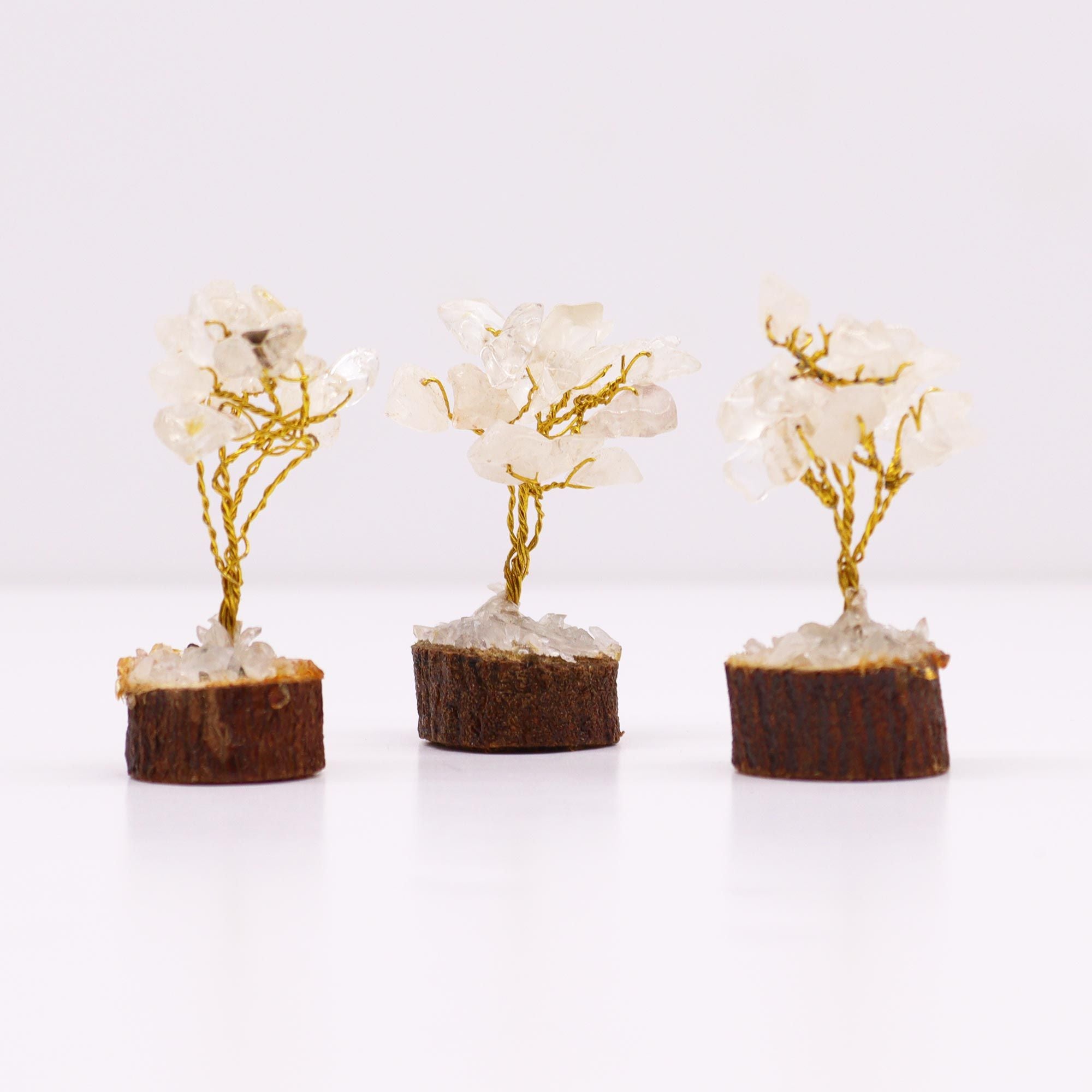 Mini Arbres en Pierres Précieuses sur Socle en Bois – Quartz Cristal de Roche (15 pierres)