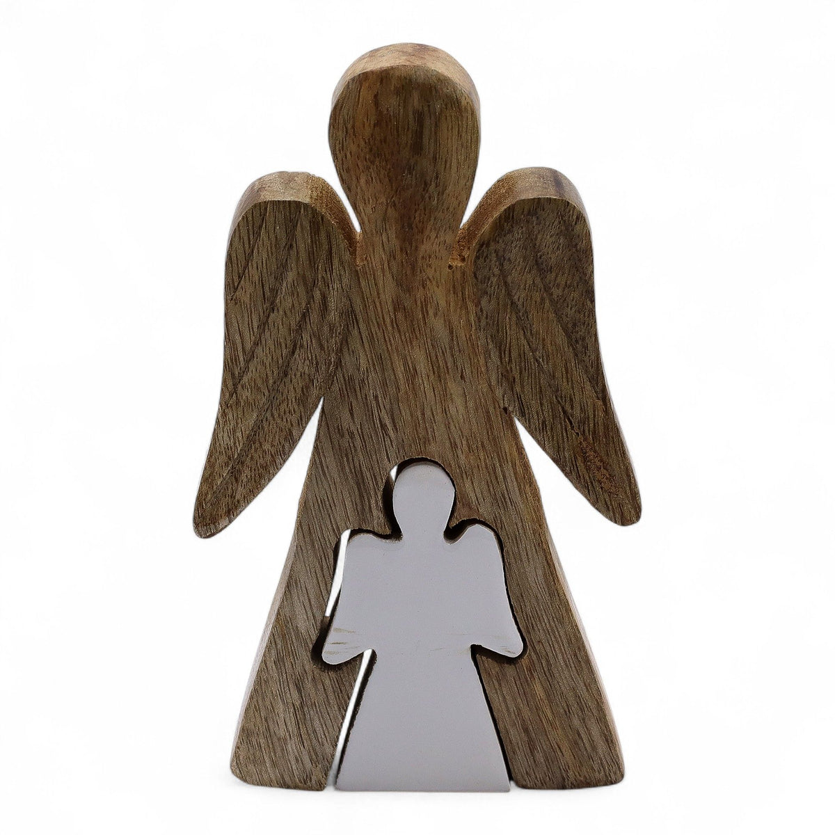 * Ange enlaçant un petit ange en bois de manguier – Émail blanc