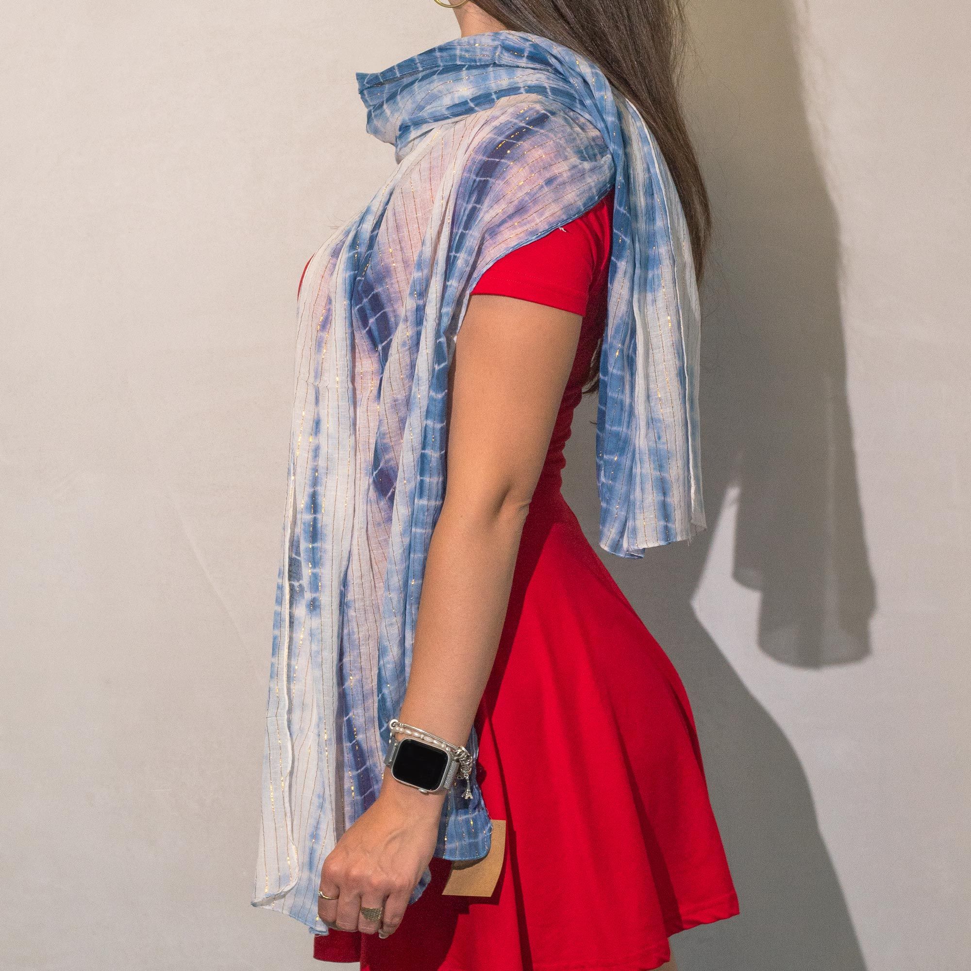 Foulard Femme Bleu Poudré & Fil Doré Scintillant – Collection Nomad Sari Party Shine (180x50cm)
